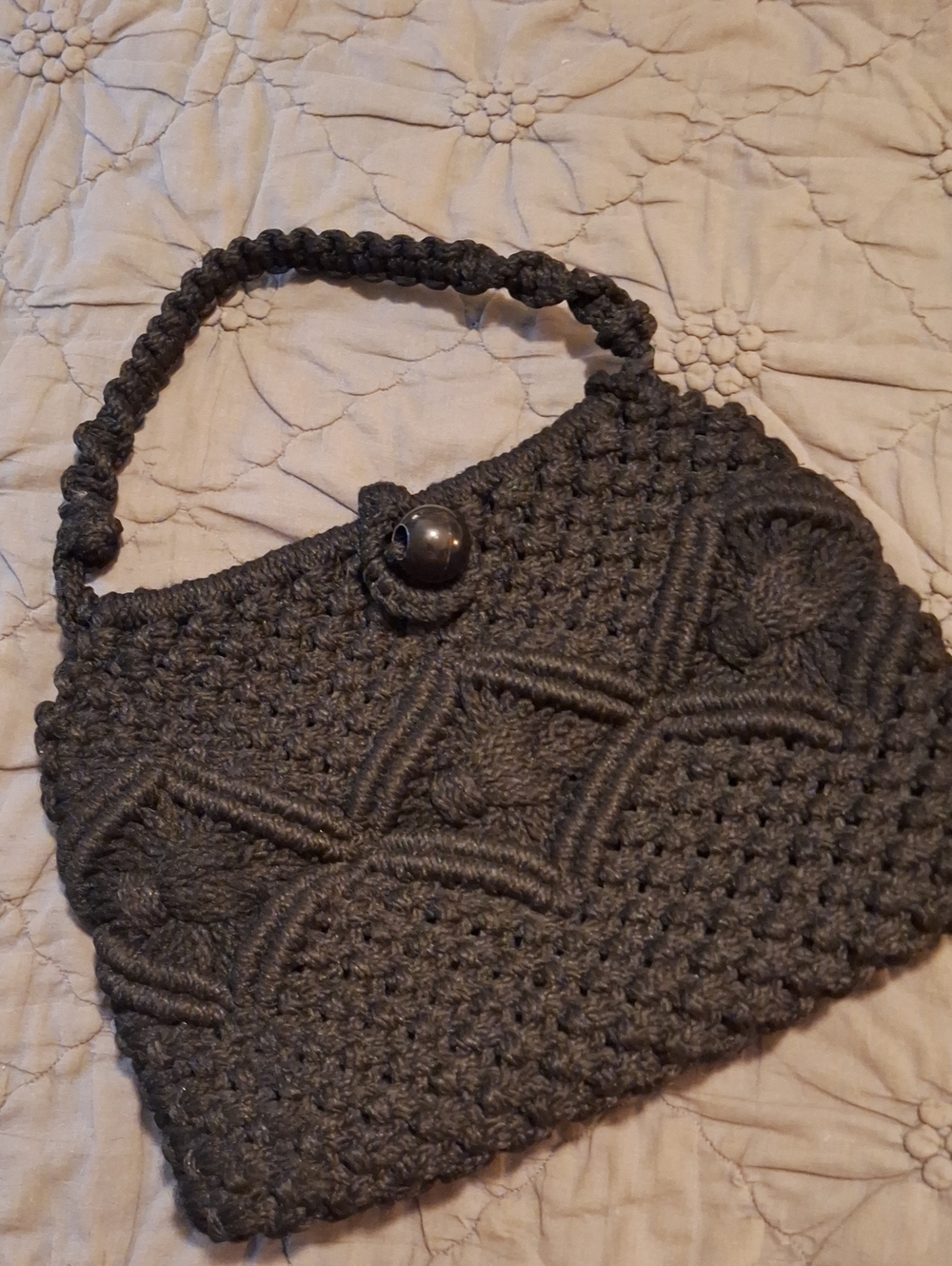 Vintage Dark Gray Crochet Shoulder Bag with Braided Handle
